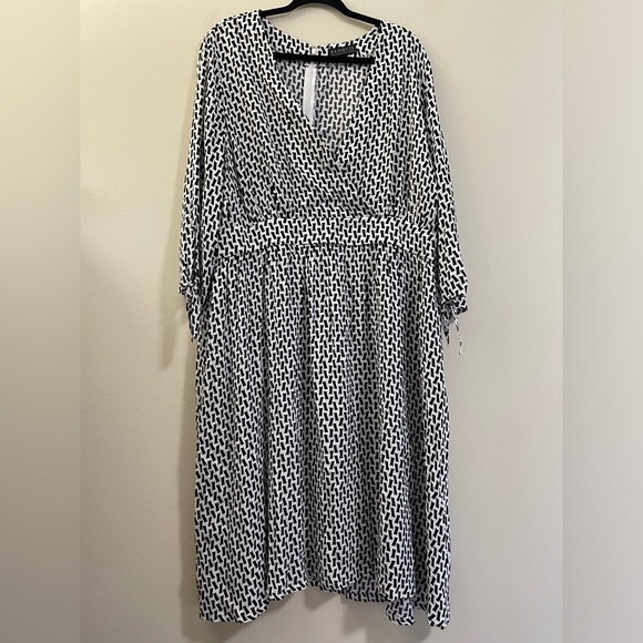 NWT ELOQUII Faux Wrap Confetti Print Midi Dress in Black and‎ White - 20 - Picture 1 of 12